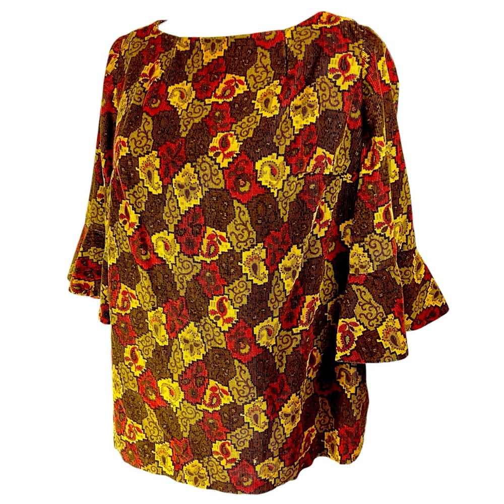 Vintage PHIL JACOBS Brown Tan Corduroy Print Top Tunic‎ Sz Medium Ruffle Grandma